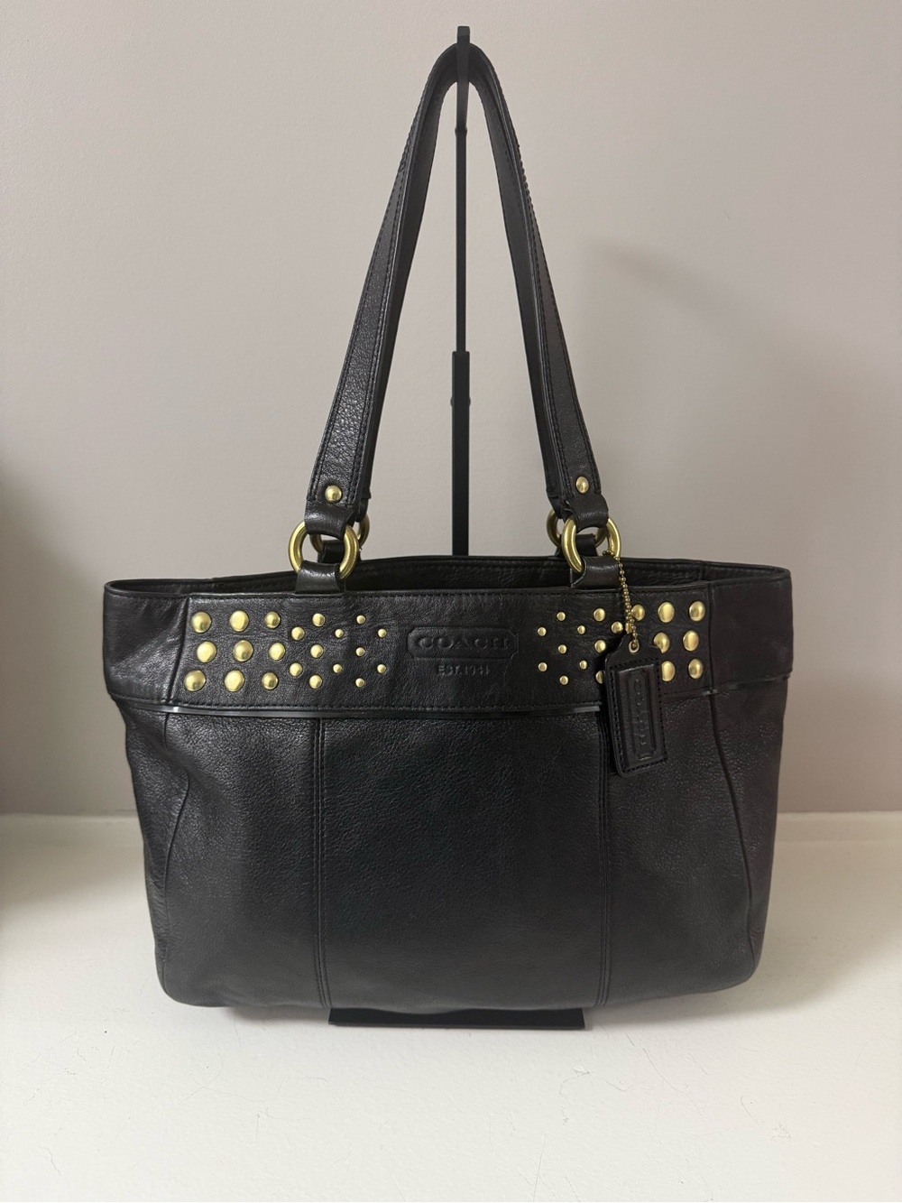 Coach Black Leather Tote with Gold Stud Accents!